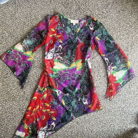 VTG Japanese Inspo Y2K Tunic Top 90s Mesh Geisha Girl Hanky Asymmetrical Hem S - Picture 10 of 10